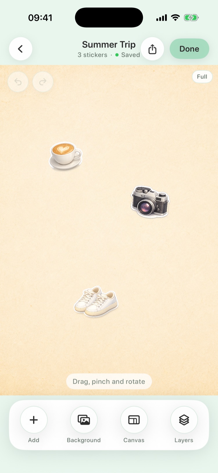 The collection canvas editor with coffee, camera, and sneaker stickers arranged on a Summer Trip board.