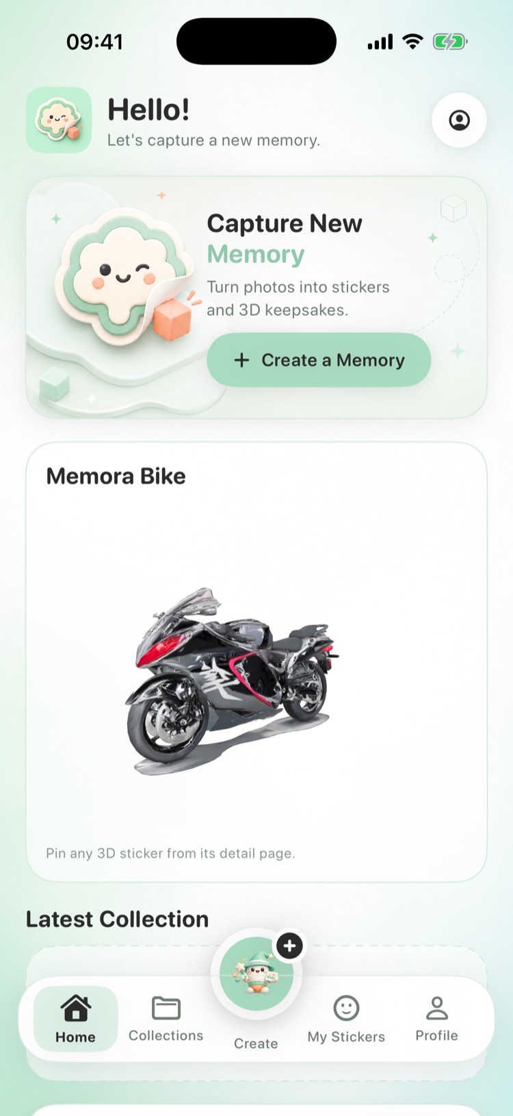 Memora 3D Home screen with the capture hero card and a pinned 3D motorbike model.